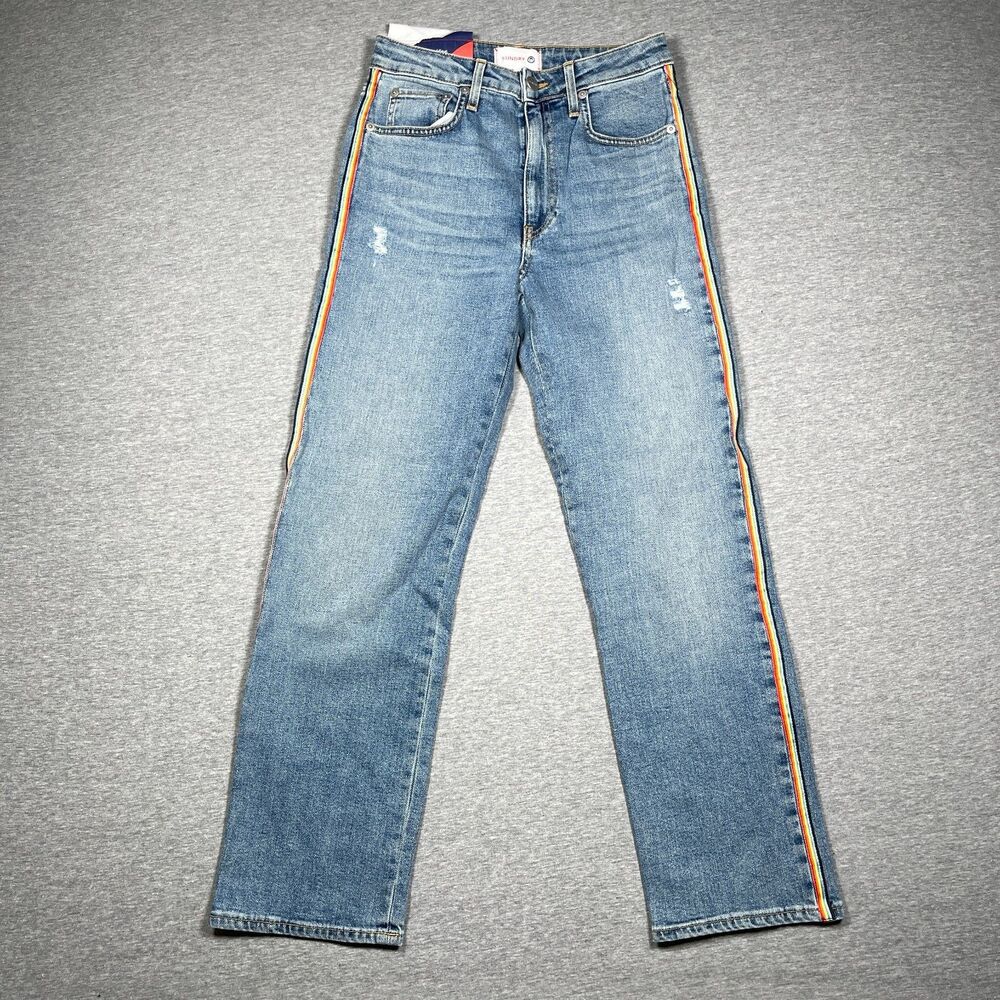 NWT Sundry Jeans Womens 26 Blue Straight Mid Rise Distressed Stripe Star USA